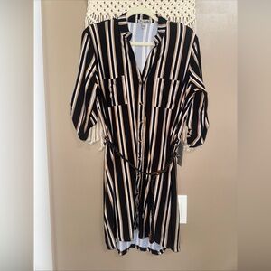 J for Justify Business Casual Striped Button Up 1/2 Sleeve Belted Dress XL￼